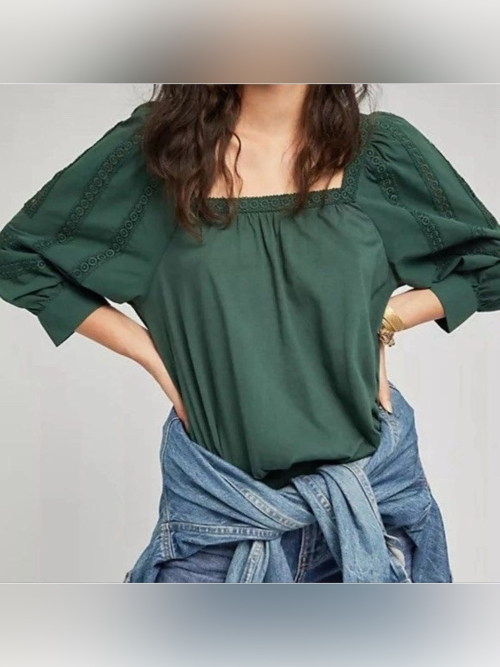 Anthropologie Chela Forest Green Square Neck Balloon Sleeve Blouse Small